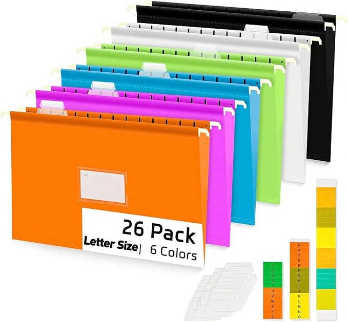 BOENFU Hanging File Folders, Letter Size, 26 Pack Sturdy Plastic Hanging Organizer File Folders for Efficient Filing, Assorted Colors