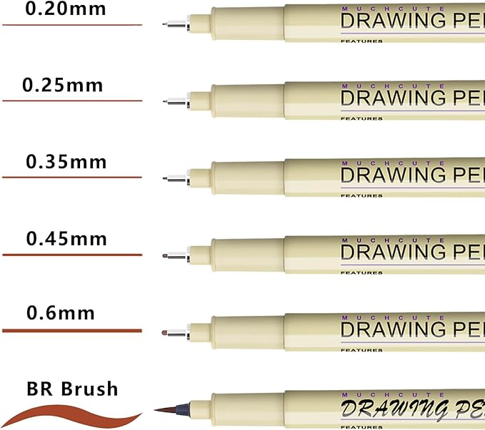 Muchcute Micro Fineliner Drawing Art Pens: 6 Sepia Fine Line Waterproof Ink Set Artist Supplies Brown Archival Inking Marker Liner Sketch Outline Manga Anime Gifts Sketching Watercolor Zentangle Stuff
