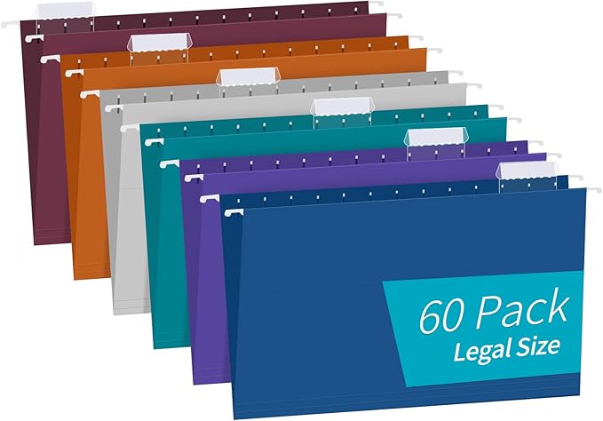 Hanging File Folders, RAZCC 60 Pack Reinforced Hanging Folders Legal Size, Designed for Bulky Files, Filing Cabinet, Adjustable Tabs, Assorted Colors