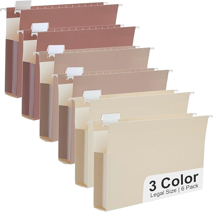 Y YOMA Legal Size - 6 Pack Extra Capacity Hanging File Folders Accordion Decorative Reinforced File Folder Cute Colored Expandable Folder for Office Home with 1/5-Cut Adjustable Tabs, Mocha Color