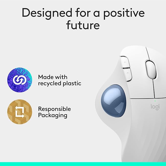 Logitech Ergo M575S Wireless Trackball Mouse, Wireless Ergonomic Mouse with Bluetooth and Encrypted Dongle, Comfortable Thumb Control, Precise and Smooth Tracking, for PC/Mac - Off-White Blue Ball