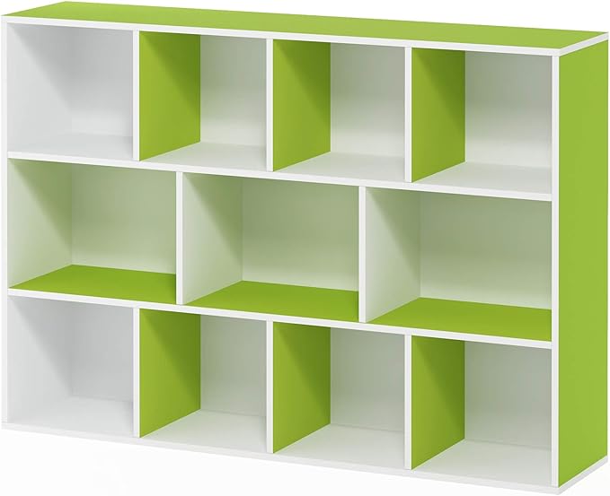 Furinno LUDER Book Shelf, 11-Cube Bookshelf, Reversible Bookcase, 9.4 x 29.1 x 41.7, for Living Room, Bedroom, Home Office, White/Green