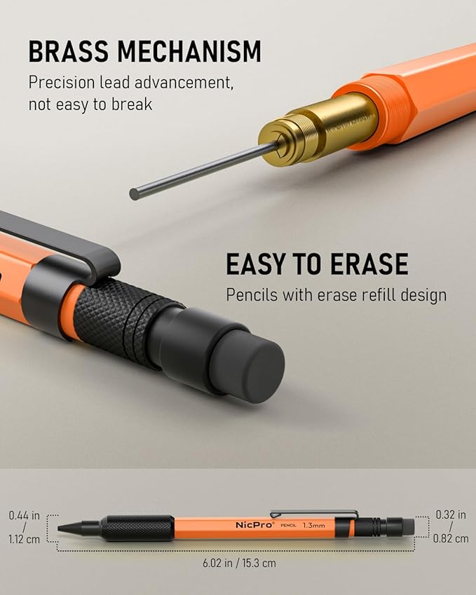 Nicpro 1.3 mm Mechanical Pencils Set with Lead Refill Black & Colors, Eraser - Orange Weatherproof Metal Heavy Duty Carpenter Pencil for Outdoor Marking Drafting Drawing Sketching Woodworking in Case