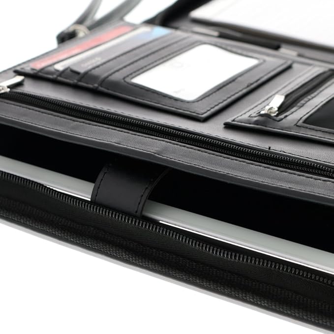 Customized Black Zippered Portfolio Binder with Junior Legal 5x8 Notepad - Engraved PU Leather Business Padfolio Organizer Folder with 8" Tablet Sleeve & Gift Box by Lautus Designs