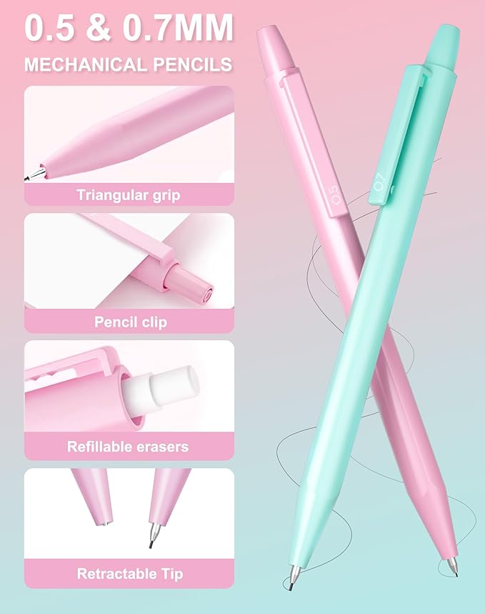 20PACK Mechanical Pencil, 8Pcs 0.5 0.7mm Mechanical Pencils Set With Eraser and 480 Pcs Refills, Cute Colored Preppy School Supplies Gift for Girls Writing - Come With Custom Case