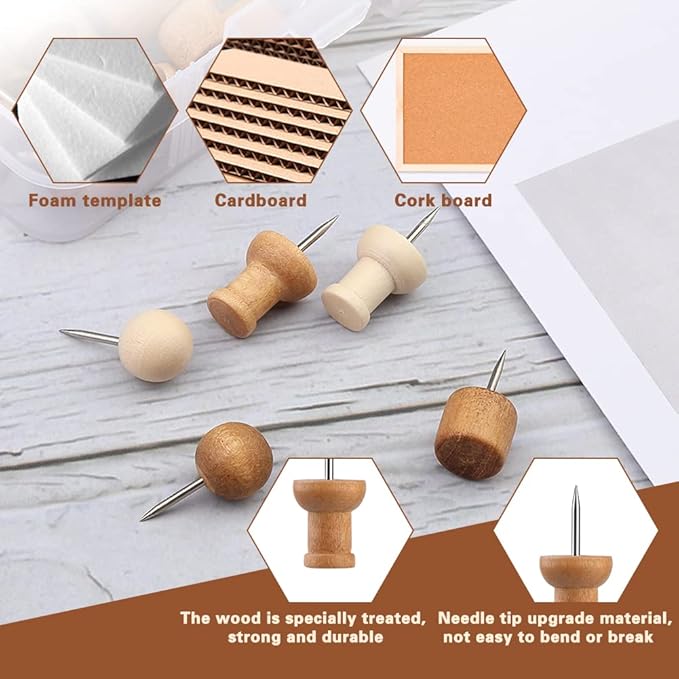 60 Pcs Wood Push Pins, 2 Colors and 5 Types Decorative Thumb Tacks Wooden Head Pin Map Tacks Marking Pin, Wood Thumb Tacks Decorative for Bulletin Boards Craft Projects with Storage Box