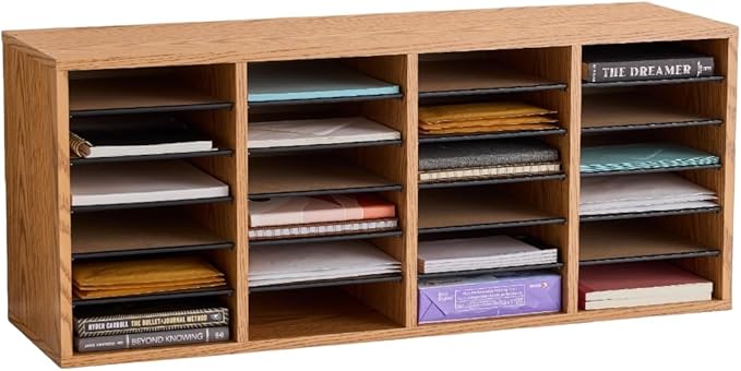 Safco Literature Organizer, 24 Compartments, Office and Classroom Mailbox with Adjustable Shelves, Wood Paper and Mail Sorter, Medium Oak