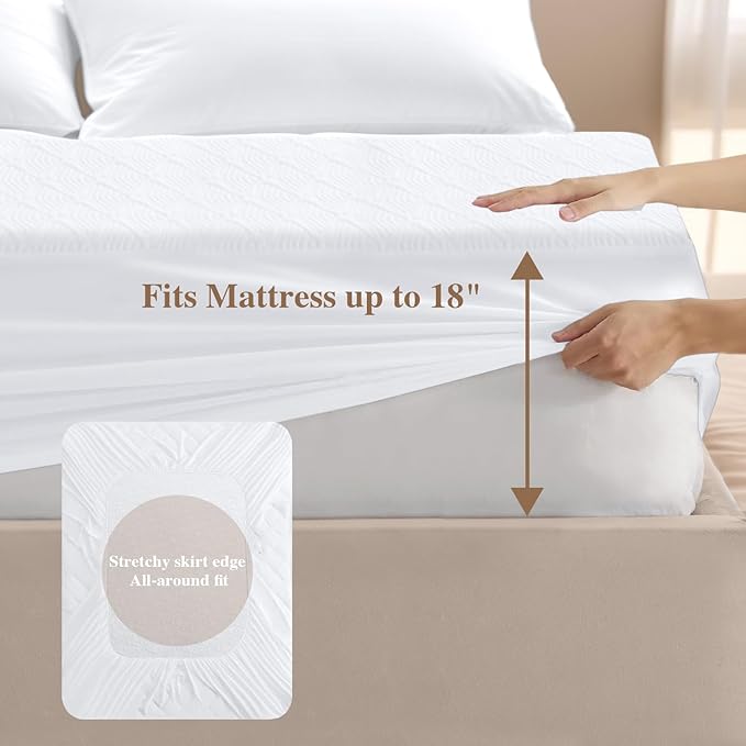Full Size Mattress Protector, Waterproof Mattress Pad Washable Rayon Mattress Cover Breathable Noiseless Bed Protector 3D Patterns 5" - 21'' Elastic Fitted Deep Pocket(White)