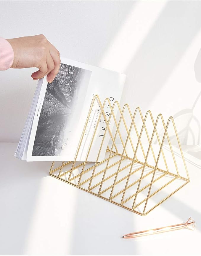 Gold Metal Vinyl Record Holder,Vertical Record Player Holder,File Organizer for Desk,Desktop File Sorters,Paper Organizer and Record Holder Stand,Triangle Upright 9 Lattice Vinyl Rack Stand,1Pack