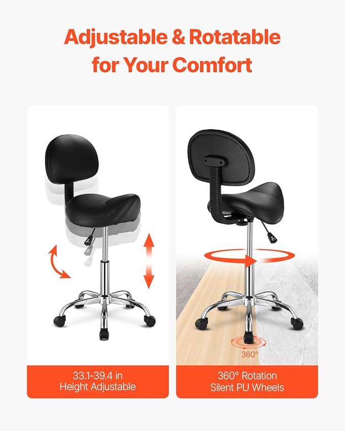 VEVOR Saddle Stool with Back Support and Wheels, 450 LBS Weight Capacity Ergonomic Rolling Stool, Height Adjustable Thickened PU Leather Swivel Saddle Chair for Salon, Spa, Massage, Tattoo, Black