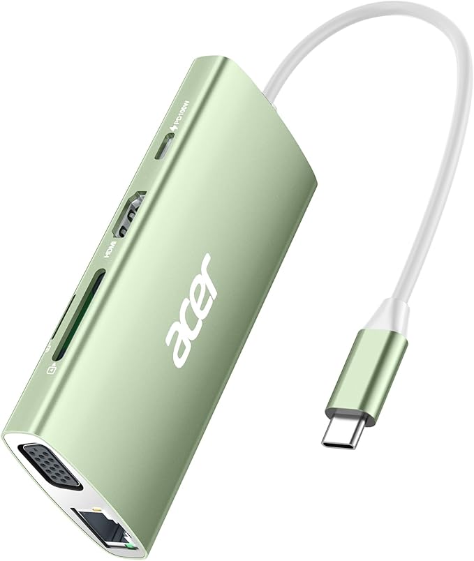 Acer USB C Hub with 4K HDMI, 9-in-1 USB C to Ethernet Adapter, 5Gbps USBA 3.0 Docking Station, VGA Splitter, SD Card Reader, PD 100W Charging for MacBook, Acer, Laptops, Surface and More (Green)
