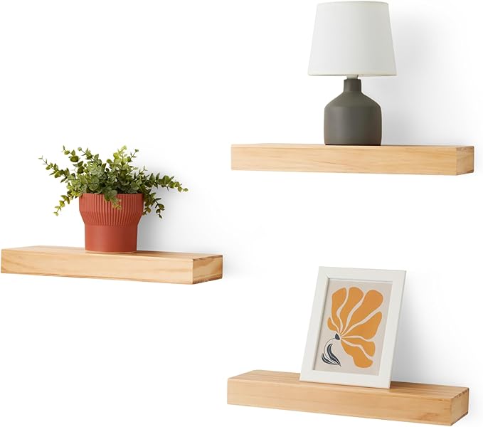 Amazon Basics Wood Floating Wall Shelves, 3-Pack, Pine, 15.8" x 5" x 1.8", Natural Wood Finish