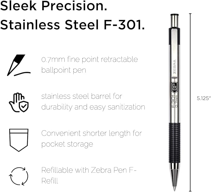Zebra Pen F-301 Ballpoint Black and Blue Ink Fine Point 0.7mm Stainless Steel Retractable Pen, 6-Pack Plus 3 Refills – Easy-Glide Ink, Non-Slip Grip, Professional Design, Ideal for Office Use (27206)