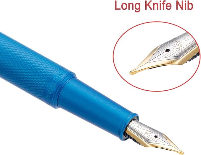 Hongdian 1851 Sky Blue Forest Fountain Pen Blade Nib Classic Design Calligraphy Pen with Converter and Metal Pen Case Set