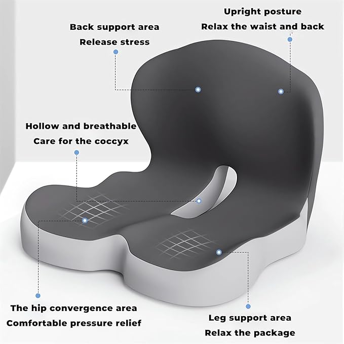 Memory Foam L-Shaped Integrated Seat Cushions for Car Truck Driver Ergonomic L Shape Lumbar Cushion Sciatica Back Pain Relief Office Chair Butt and Back Support Pillow Long Driving Booster Seat (D1)