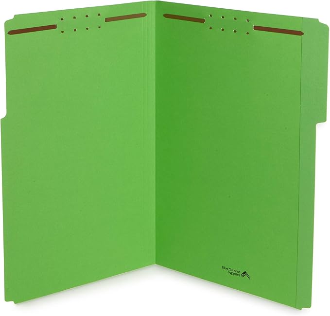 Blue Summit Supplies Green File Folders with Fasteners, Legal Size, 1/3 Cut Reinforced Tabs, Durable 2 Prongs, Designed to Organize Standard Medical or Law Files, 50 Pack