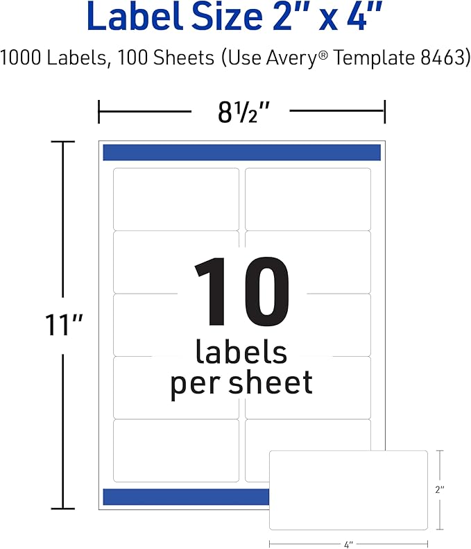 Avery Printable Shipping Labels with Sure Feed, 2" x 4" Customizable Stickers, White, 5,000 Blank Mailing Labels, Great for Mailing, Shipping, and More (5-Pack of 8463)
