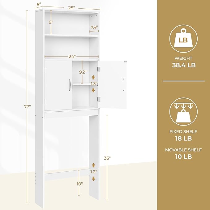 Yaheetech Over The Toilet Storage, Taller Bathroom Organizer Space-Saving Storage Cabinet with Adjustable Shelves and Double Doors, 77 in H, White