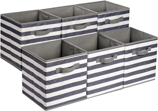 Amazon Basics Cube Organizer Storage Bins Handles, Collapsible Fabric, Pack of 6, 10.5"x10.5"x11", White/ Light Grey Stripe