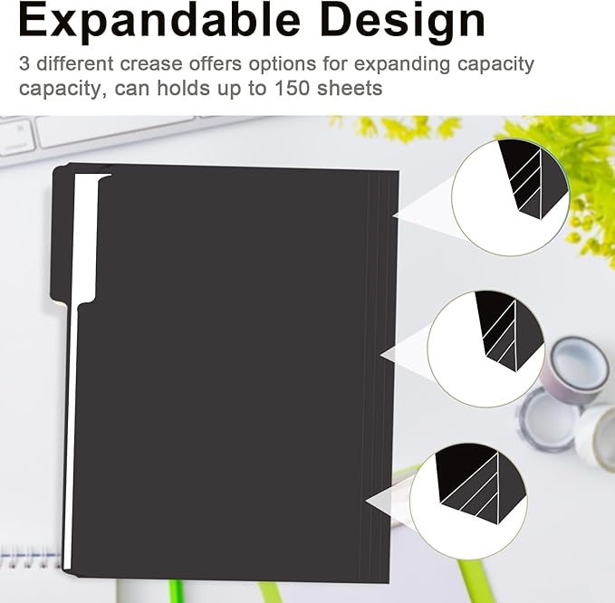 File Folder, RAZCC 100 Pack 1/3 Cut Tab File Folders Letter Size, Black Folders for Dcouments, Folders with Tab Great for Organizing and Easy File Storage