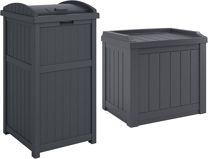 Suncast 22-Gallon Outdoor Patio Backyard Deck Box Storage Bench and 30-Gallon Hideaway Trash Waste Bin with Latching Lid, Cyberspace
