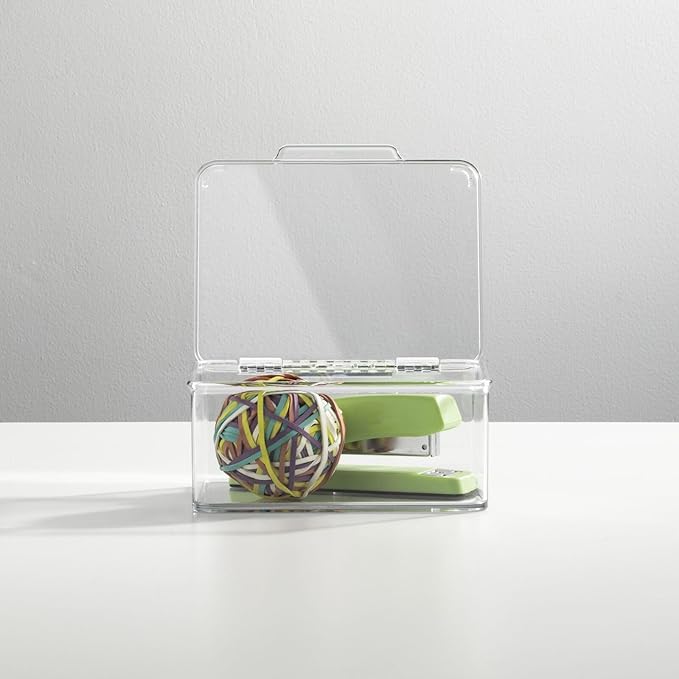 mDesign Small Plastic Home Office Storage Organizer Box Containers w/Hinged Lid for Desktops - Holds Pens, Pencils, Sticky Notes, Highlighters, Staples, Supplies - Lumiere Collection, Clear
