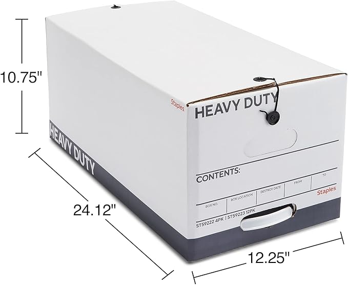 STAPLES Storage & Filing Box, Heavy-Duty with Handles & String-Button Lid, Letter Size Documents, Stackable, 4-Pack, White/Gray