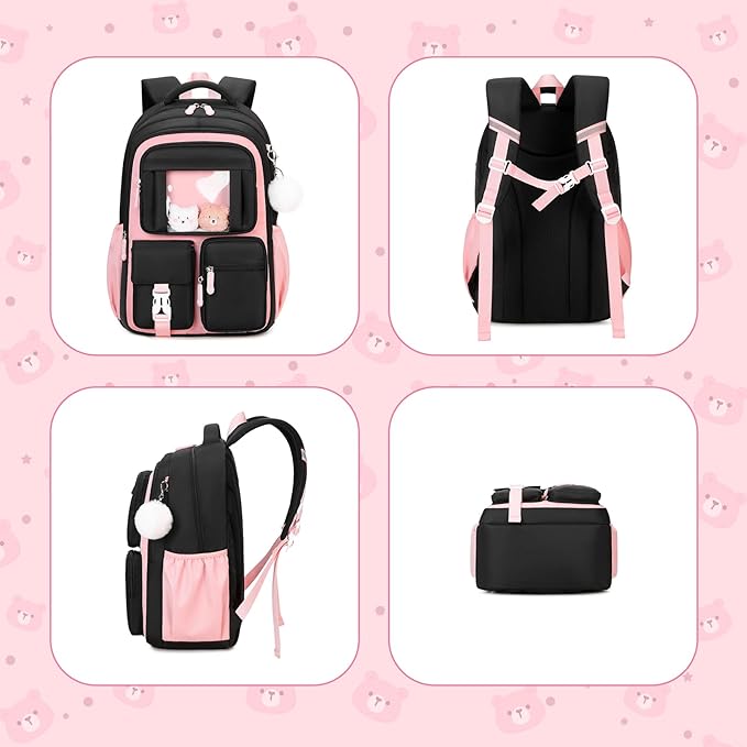 Kids Backpack for Girls School Bags for Middle School Students Book Bag for Elementary Primary Kawaii Ita Backpack, Black and Pink