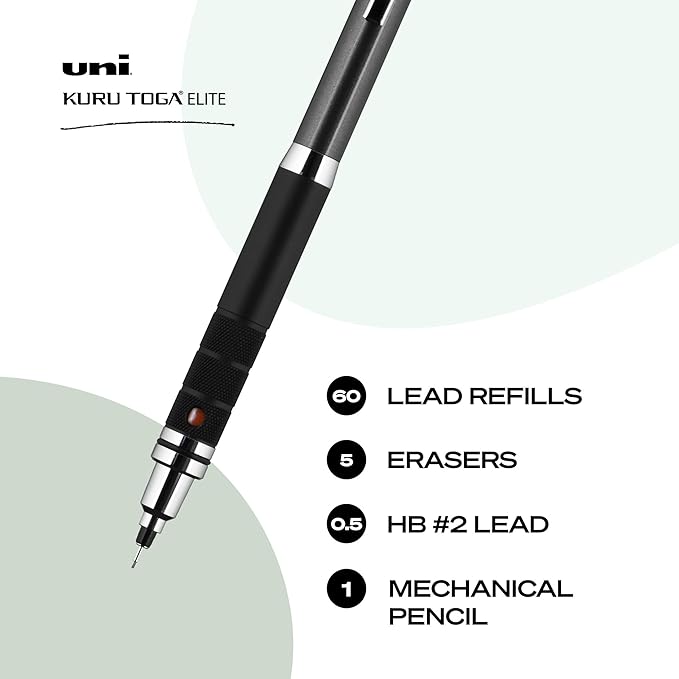 uniball Kuru Toga Elite Mechanical Pencil Starter Kit, 0.5mm, HB #2, Gun Metal Barrel, 1 Pack