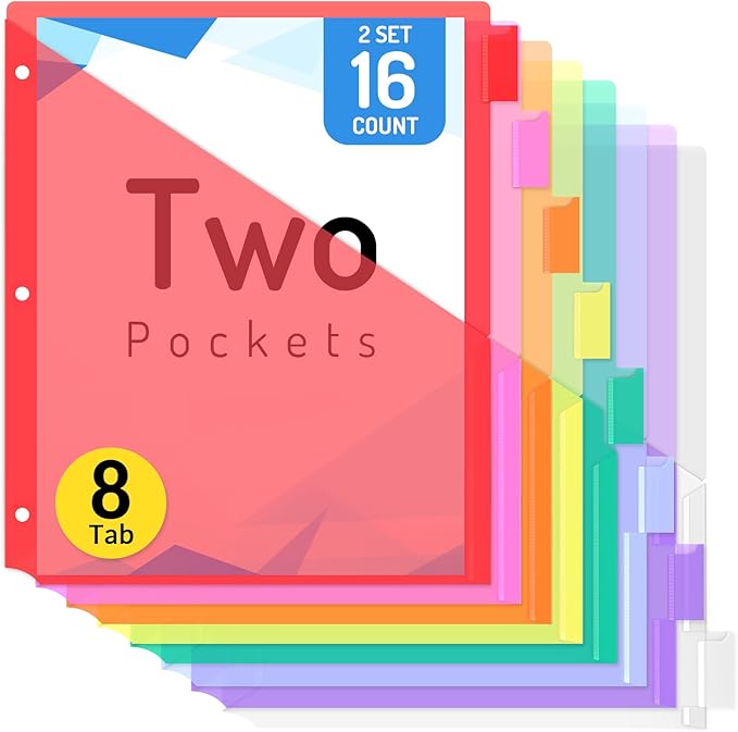 Forvencer 16 Count Dividers with Two Pockets, 8 tabs Binder Dividers for 3 Ring Binder Organizer, Multicolor, 2 Sets