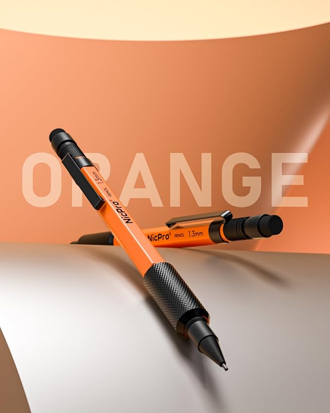 Nicpro 1.3 mm Mechanical Pencils Set with Lead Refill Black & Colors, Eraser - Orange Weatherproof Metal Heavy Duty Carpenter Pencil for Outdoor Marking Drafting Drawing Sketching Woodworking in Case