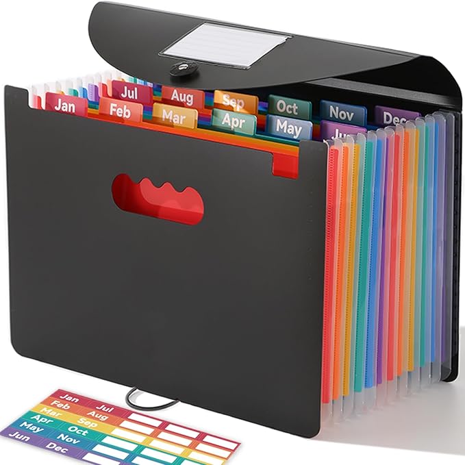 Accordion File Organizer 12 Pockets, Monthly Bill Receipt Tax Organizer, Expanding File Folders with Larger Bright Tabs, Fits Letter/A4 Size - Black
