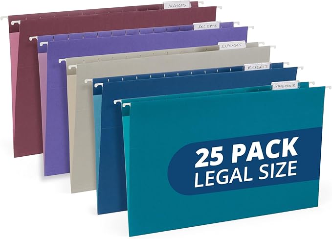 25 Blue Summit Supplies Colored Hanging File Folders Legal Size, 9.5" x 14.75", Legal Size Hanging File Folders for Filing Cabinet with Plastic Tabs and Inserts, Assorted Jewel Tone Colors, 11pt Paper