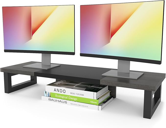 WESTREE Dual Monitor Stand Riser, Wood and Steel Monitor Stand Riser, Computer Monitor Stand for 2 Monitors, Multi-Purpose Desktop Storage Stand for Computer,Laptop,Printer,TV