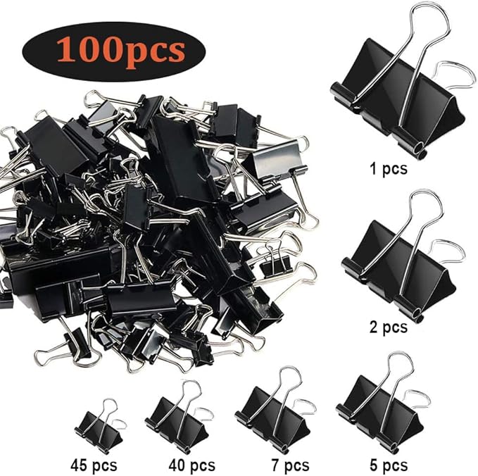 SANNIX 100 PCS Binder Clips Assorted Sizes, X Large, Large, Medium, Small, Mini and Micro, Binder Clips Paper Clamps for Office Home School