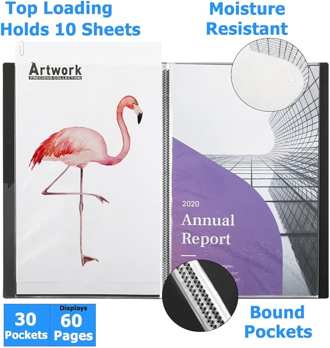 Sooez Heavy Duty Binder with Plastic Sleeves 18"x24", Portfolio Folder with 30 Clear Sheet Protectors, Display 60 Pages, Presentation Book for Artwork, Sheet Music, Document