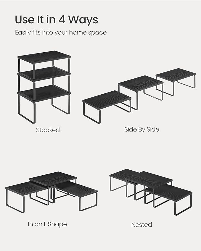 SONGMICS Cabinet Organizer Shelf, Set of 3 Kitchen Counter Shelves, Kitchen Storage, Spice Rack, Stackable, Expandable, Anthracite Gray and Matte Black UKCS220B01