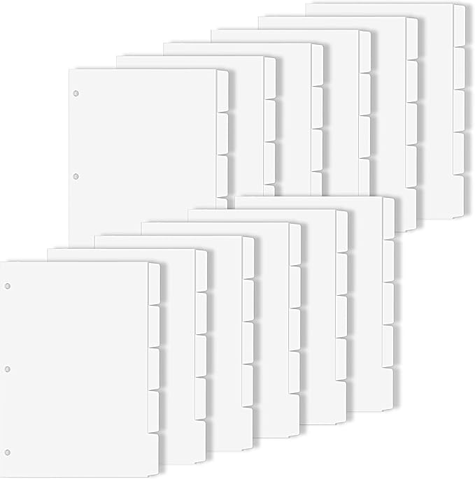 Binder Dividers for 3 Ring Binder, 1/5 Cut Tabs, Letter Size, Blank Write On Page Dividers with 5 Big Tabs for School Office Home, 12 Sets, 60 Dividers, White