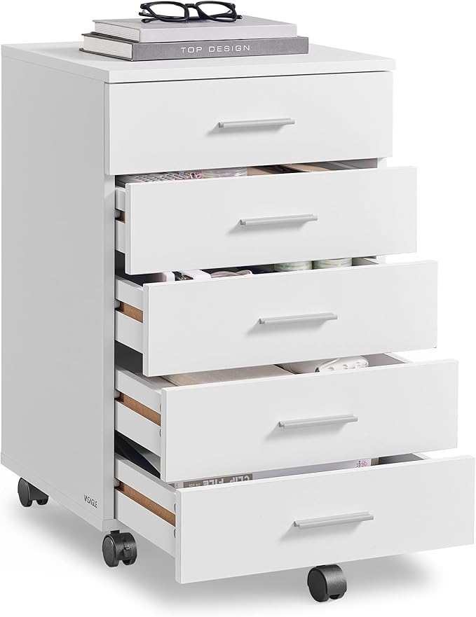 VASAGLE File Cabinet, Mobile Pedestal Filing Cabinet with Wheels, Printer Stand with 5 Drawers, Tool-Free Sliding Rails, for Study, Home Office, Cloud White UOFC081W01