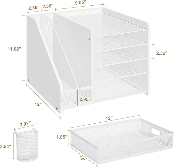Marbrasse Desk Organizer with File Holder, 5-Tier Paper Letter Tray Organizer with Drawer and 2 Pen Holder, Mesh Desktop Organizer and Storage with Magazine Holder for Office Supplies (Wood-White)