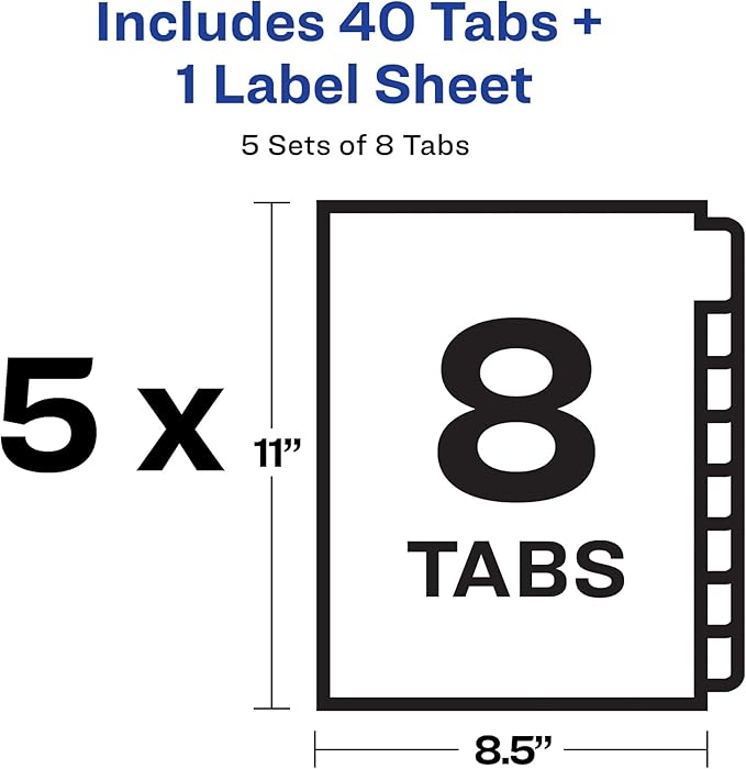 Avery 8 Tab Dividers for 3 Ring Binder, Easy Print & Apply Clear Label Strip, Index Maker Customizable White Tabs, 5 Sets (11437)