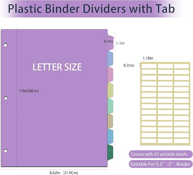 24Pcs/3 Sets Binder Dividers for 3 Ring Binder,8 Tab Binder Plastic Page dividers with Tab,8TAB Set,Multicolor