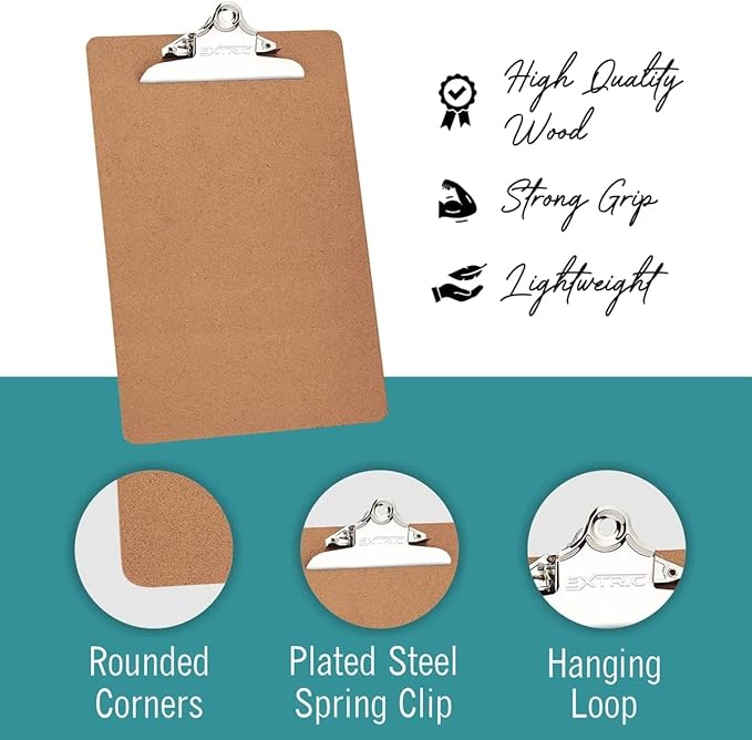 6 Clipboards Standard A4 Letter Size, 9x12.5 inch Wooden Clipboard with 6" Metal Clip, Hardboard, Ideal for 8.5 x 11 Inch Paper, for Office, School, and Home Use
