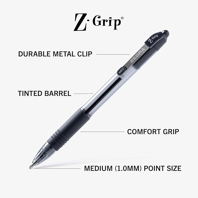 Zebra Pen Z-Grip Retractable Ballpoint Pen, Smooth-Flowing Black Ink, 1.0mm Medium Point, School & Office Supplies, Ideal for Note-Taking, Journal and Planner Use, 36-Pack (24136)