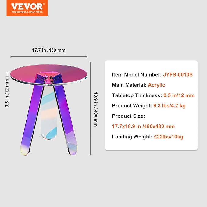 VEVOR Round Iridescent Side Table, Acrylic End Table, Clear Rainbow Acrylic Coffee Table for Drink, Food, Snack Used in Living Room, Bedroom, and Study
