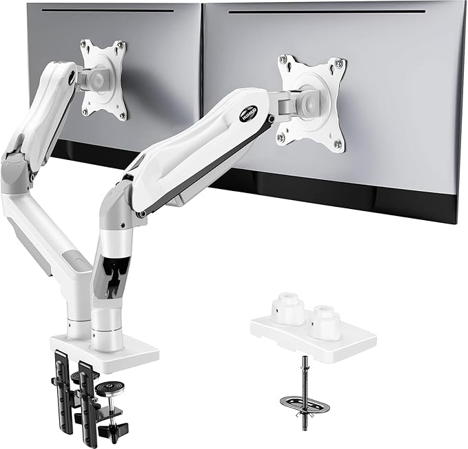 HUANUO Dual Monitor Stand - Full Adjustable Monitor Desk Mount Swivel Vesa Bracket with C Clamp, Grommet Mounting Base for 13 to 32 Inch Computer Screens - Each Arm Holds 4.4 to 19.8lbs - White