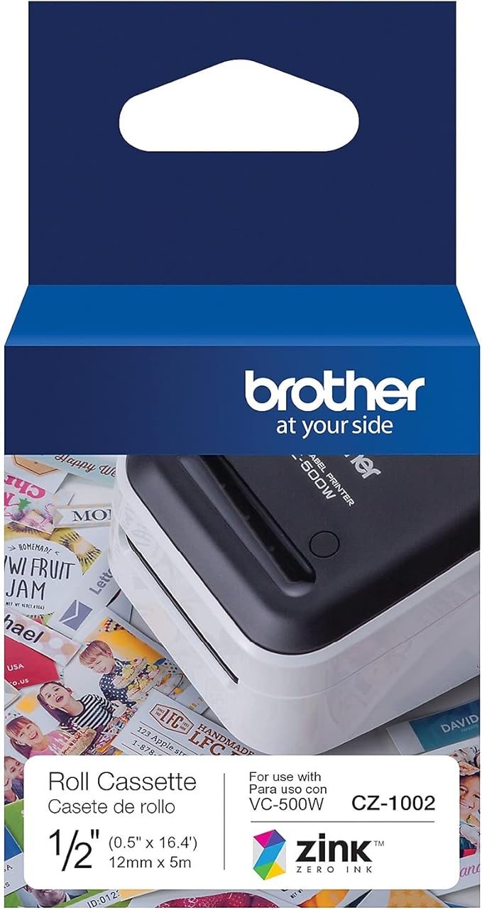 Brother Genuine CZ-1002 Continuous Length ½” (0.5”) 12mm Wide x 16.4 ft. (5 m) Long Label roll Featuring Zink Zero Ink Technology