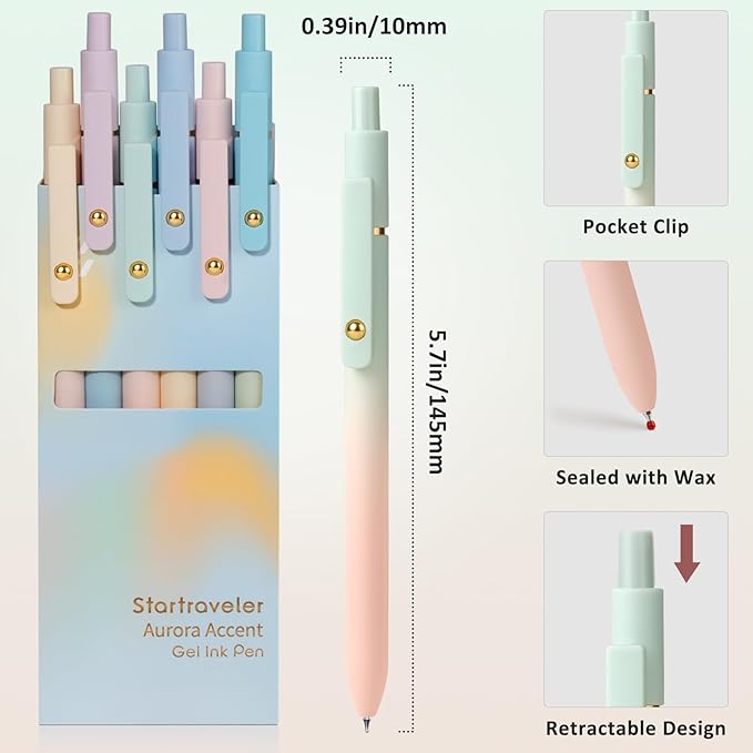 FIOVER Gel Pens, 6 Pcs 0.7mm Comfort Grip Quick Dry Black Ink Pens Fine Point Smooth Writing Pens, Cute Office Back to School Supplies Gifts for Women (6PCS Gradient Black Ink)
