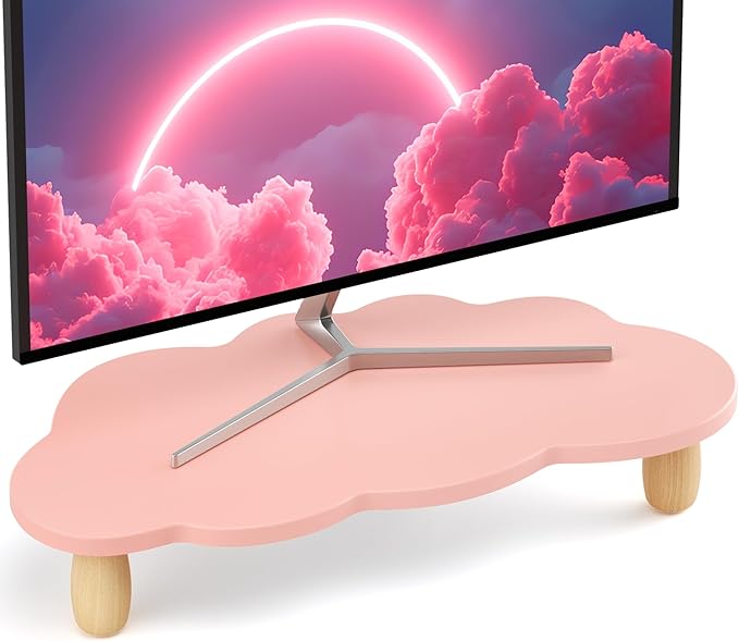 Monitor Stand Riser,Cloud-Shaped Sturdy Wood Computer Monitor Riser, Laptop Monitor Stand, Multi-Purpose Desktop Organizer Riser for Computer, Laptop, Printer, TV,Pink