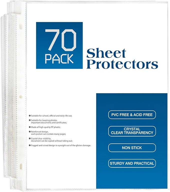 70Pack Sheet Protectors, Clear Heavy Duty Plastic Page Protectors for 3 Ring Binder, Top Loading Sheet Protectors 8.5 x 11” for Photo, Paper, Document Protector